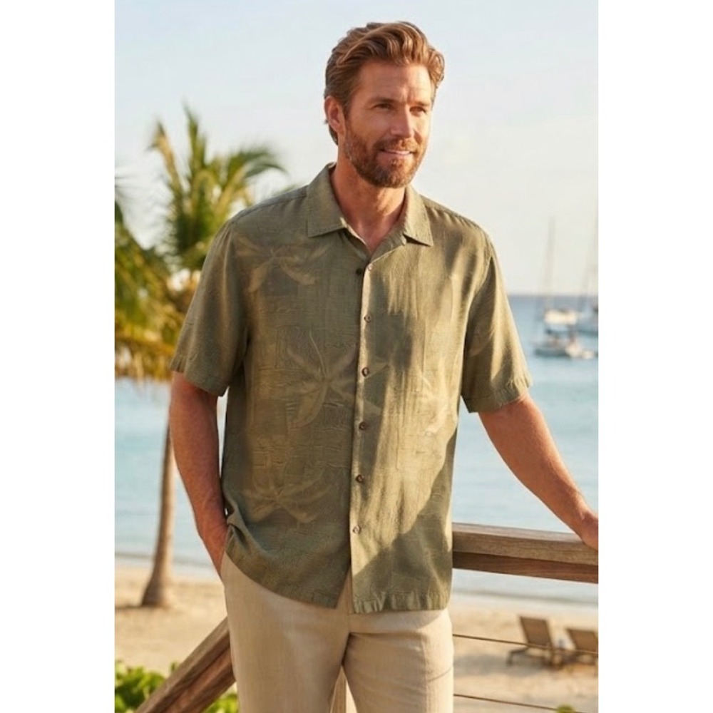 Tommy Bahama Mens XXL Silk Camp Shirt Sage Green Tropical Palm Tree Button Down